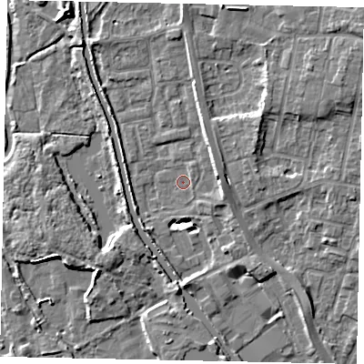 Shaded relief map of the ground around UB82LE, computed from Environment Agency LiDAR. The ground here sits at about 29 m above sea level and falls 8 m across the surrounding 800 m. Surface water reaching this point runs off ground lying to the north-east, 8.2 m higher.