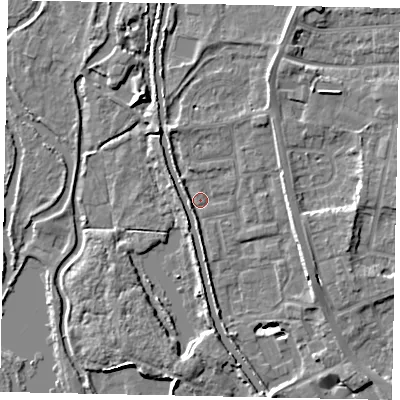 Shaded relief map of the ground around UB82LF, computed from Environment Agency LiDAR. The ground here sits at about 29 m above sea level and falls 8 m across the surrounding 800 m. Surface water reaching this point runs off ground lying to the west-south-west, 1.7 m higher.