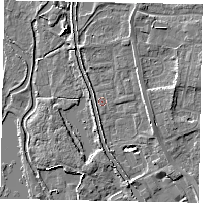 Shaded relief map of the ground around UB82LG, computed from Environment Agency LiDAR. The ground here sits at about 29 m above sea level and falls 7 m across the surrounding 800 m. Surface water reaching this point runs off ground lying to the south-west, 1.7 m higher.