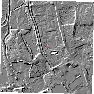 Shaded relief map of the ground around UB82LH, computed from Environment Agency LiDAR. The ground here sits at about 28 m above sea level and falls 8 m across the surrounding 800 m. Surface water reaching this point runs off ground lying to the north-east, 7.6 m higher.