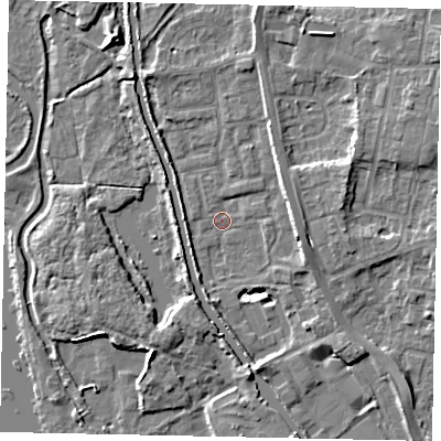 Shaded relief map of the ground around UB82LQ, computed from Environment Agency LiDAR. The ground here sits at about 29 m above sea level and falls 8 m across the surrounding 800 m. Surface water reaching this point runs off ground lying to the north-north-east, 1.4 m higher.