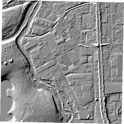 Shaded relief map of the ground around UB82QA, computed from Environment Agency LiDAR. The ground here sits at about 30 m above sea level and falls 8 m across the surrounding 800 m. Surface water reaching this point runs off ground lying to the north, 1.3 m higher.