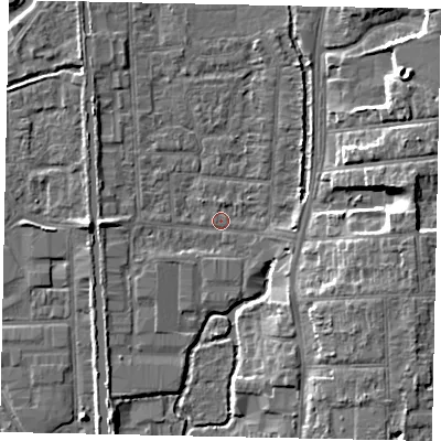 Shaded relief map of the ground around UB82QB, computed from Environment Agency LiDAR. The ground here sits at about 31 m above sea level and falls 9 m across the surrounding 800 m. Surface water reaching this point runs off ground lying to the east-south-east, 7.8 m higher.
