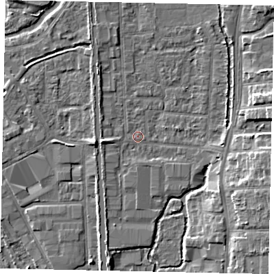 Shaded relief map of the ground around UB82QD, computed from Environment Agency LiDAR. The ground here sits at about 31 m above sea level and falls 9 m across the surrounding 800 m. Surface water reaching this point runs off ground lying to the east-south-east, 7.2 m higher.