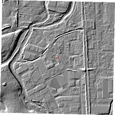 Shaded relief map of the ground around UB82QE, computed from Environment Agency LiDAR. The ground here sits at about 31 m above sea level and falls 8 m across the surrounding 800 m. Surface water reaching this point runs off ground lying to the south-west, 1.8 m higher.
