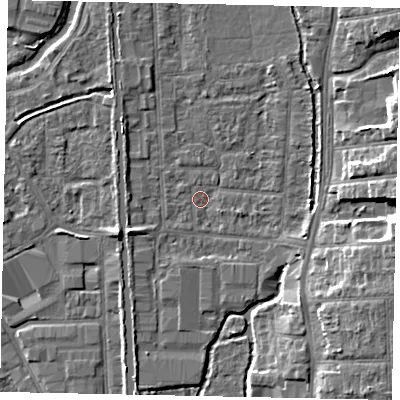 Shaded relief map of the ground around UB82QL, computed from Environment Agency LiDAR. The ground here sits at about 30 m above sea level and falls 9 m across the surrounding 800 m. Surface water reaching this point runs off ground lying to the east, 7.5 m higher.