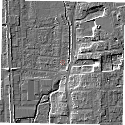 Shaded relief map of the ground around UB82QN, computed from Environment Agency LiDAR. The ground here sits at about 31 m above sea level and falls 9 m across the surrounding 800 m. Surface water reaching this point runs off ground lying to the east-south-east, 7.8 m higher.