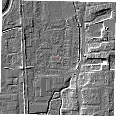 Shaded relief map of the ground around UB82QS, computed from Environment Agency LiDAR. The ground here sits at about 31 m above sea level and falls 9 m across the surrounding 800 m. Surface water reaching this point runs off ground lying to the east-south-east, 7.8 m higher.