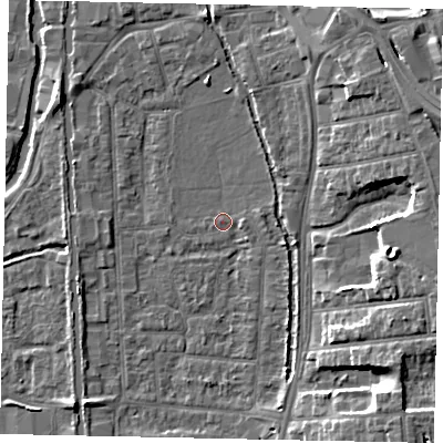 Shaded relief map of the ground around UB82QT, computed from Environment Agency LiDAR. The ground here sits at about 31 m above sea level and falls 10 m across the surrounding 800 m. Surface water reaching this point runs off ground lying to the north, 1.5 m higher.