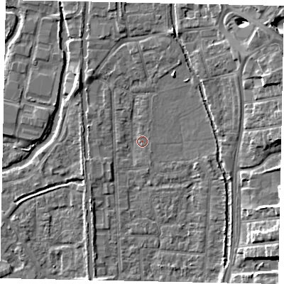 Shaded relief map of the ground around UB82QU, computed from Environment Agency LiDAR. The ground here sits at about 31 m above sea level and falls 9 m across the surrounding 800 m. Surface water reaching this point runs off ground lying to the north-west, 4.1 m higher.