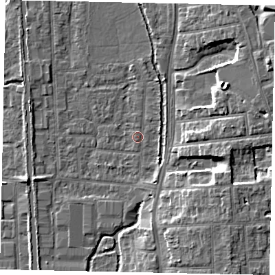 Shaded relief map of the ground around UB82QW, computed from Environment Agency LiDAR. The ground here sits at about 31 m above sea level and falls 9 m across the surrounding 800 m. Surface water reaching this point runs off ground lying to the south-east, 7.8 m higher.