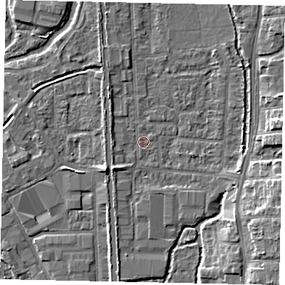 Shaded relief map of the ground around UB82QY, computed from Environment Agency LiDAR. The ground here sits at about 31 m above sea level and falls 9 m across the surrounding 800 m. Surface water reaching this point runs off ground lying to the east-south-east, 6.9 m higher.