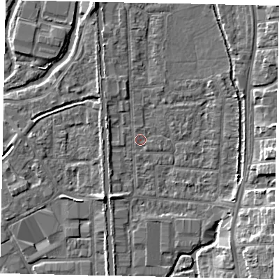 Shaded relief map of the ground around UB82QZ, computed from Environment Agency LiDAR. The ground here sits at about 31 m above sea level and falls 8 m across the surrounding 800 m. Surface water reaching this point runs off ground lying to the west-south-west, 1.6 m higher.