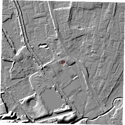 Shaded relief map of the ground around UB82RB, computed from Environment Agency LiDAR. The ground here sits at about 29 m above sea level and falls 16 m across the surrounding 800 m. Surface water reaching this point runs off ground lying to the east, 2.7 m higher.