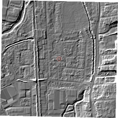 Shaded relief map of the ground around UB82RD, computed from Environment Agency LiDAR. The ground here sits at about 31 m above sea level and falls 8 m across the surrounding 800 m. Surface water reaching this point runs off ground lying to the south-east, 7.4 m higher.