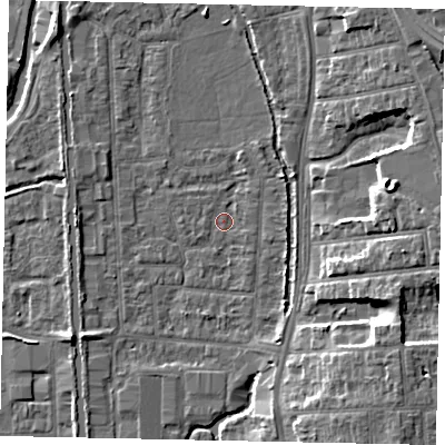 Shaded relief map of the ground around UB82RE, computed from Environment Agency LiDAR. The ground here sits at about 31 m above sea level and falls 9 m across the surrounding 800 m. Surface water reaching this point runs off ground lying to the north-west, 4.5 m higher.