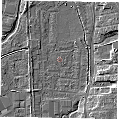 Shaded relief map of the ground around UB82RF, computed from Environment Agency LiDAR. The ground here sits at about 31 m above sea level and falls 9 m across the surrounding 800 m. Surface water reaching this point runs off ground lying to the north-north-west, 4.3 m higher.