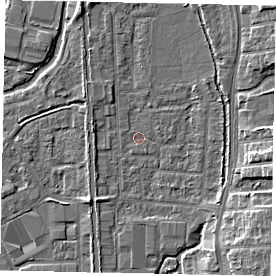 Shaded relief map of the ground around UB82RG, computed from Environment Agency LiDAR. The ground here sits at about 31 m above sea level and falls 8 m across the surrounding 800 m. Surface water reaching this point runs off ground lying to the west-south-west, 1.6 m higher.