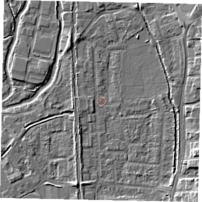 Shaded relief map of the ground around UB82RH, computed from Environment Agency LiDAR. The ground here sits at about 31 m above sea level and falls 7 m across the surrounding 800 m. Surface water reaching this point runs off ground lying to the west, 1.3 m higher.
