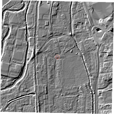 Shaded relief map of the ground around UB82RJ, computed from Environment Agency LiDAR. The ground here sits at about 31 m above sea level and falls 11 m across the surrounding 800 m. Surface water reaching this point runs off ground lying to the west, 4.1 m higher.