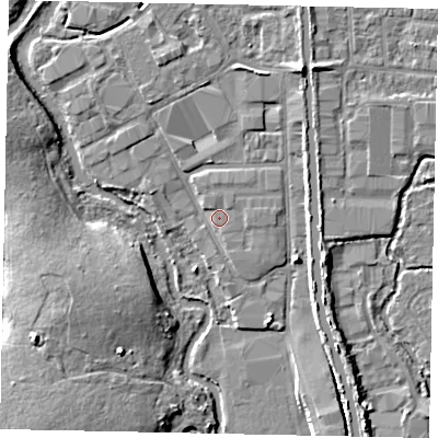 Shaded relief map of the ground around UB82RP, computed from Environment Agency LiDAR. The ground here sits at about 30 m above sea level and falls 7 m across the surrounding 800 m. Surface water reaching this point runs off ground lying to the east, 1.0 m higher.