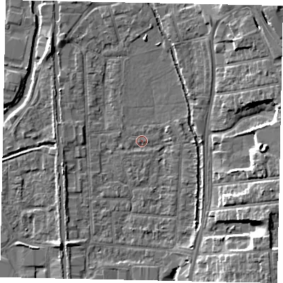 Shaded relief map of the ground around UB82RQ, computed from Environment Agency LiDAR. The ground here sits at about 31 m above sea level and falls 9 m across the surrounding 800 m. Surface water reaching this point runs off ground lying to the east, 0.7 m higher.