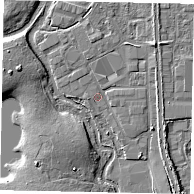 Shaded relief map of the ground around UB82RR, computed from Environment Agency LiDAR. The ground here sits at about 30 m above sea level and falls 8 m across the surrounding 800 m. Surface water reaching this point runs off ground lying to the north, 1.0 m higher.