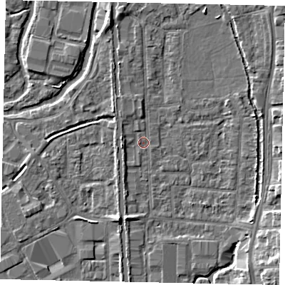 Shaded relief map of the ground around UB82RS, computed from Environment Agency LiDAR. The ground here sits at about 31 m above sea level and falls 7 m across the surrounding 800 m. Surface water reaching this point runs off ground lying to the south-south-west, 3.9 m higher.