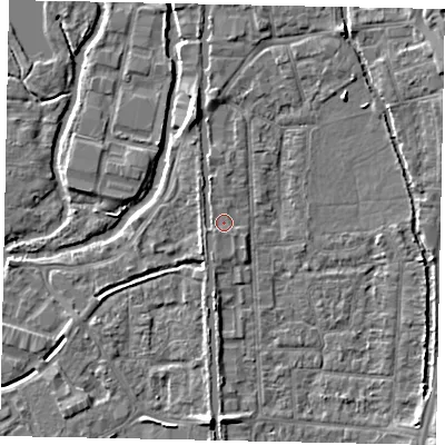 Shaded relief map of the ground around UB82RU, computed from Environment Agency LiDAR. The ground here sits at about 32 m above sea level and falls 6 m across the surrounding 800 m. Surface water reaching this point runs off ground lying to the south-west, 0.7 m higher.