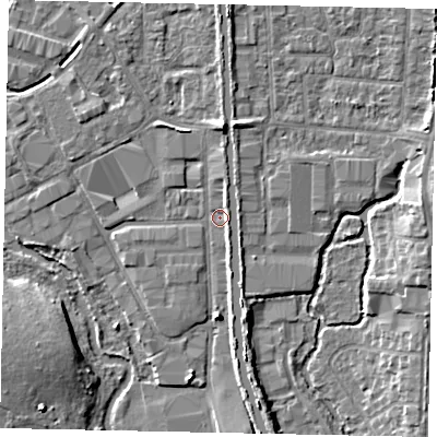 Shaded relief map of the ground around UB82RW, computed from Environment Agency LiDAR. The ground here sits at about 31 m above sea level and falls 6 m across the surrounding 800 m. Surface water reaching this point runs off ground lying to the north, 3.6 m higher.