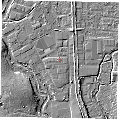 Shaded relief map of the ground around UB82RZ, computed from Environment Agency LiDAR. The ground here sits at about 31 m above sea level and falls 7 m across the surrounding 800 m. Surface water reaching this point runs off ground lying to the west, 0.8 m higher.
