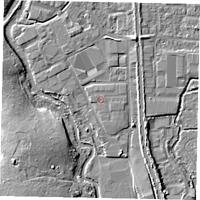 Shaded relief map of the ground around UB82SA, computed from Environment Agency LiDAR. The ground here sits at about 30 m above sea level and falls 7 m across the surrounding 800 m. Surface water reaching this point runs off ground lying to the east-south-east, 0.6 m higher.
