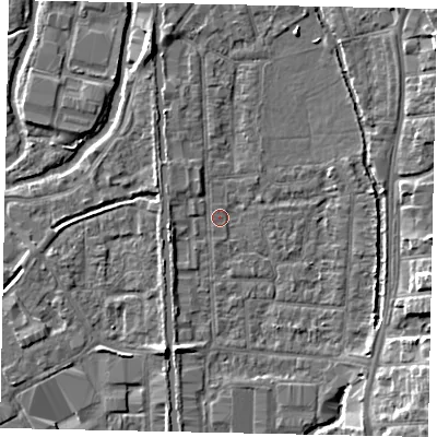 Shaded relief map of the ground around UB82SP, computed from Environment Agency LiDAR. The ground here sits at about 31 m above sea level and falls 8 m across the surrounding 800 m. Surface water reaching this point runs off ground lying to the west, 2.1 m higher.