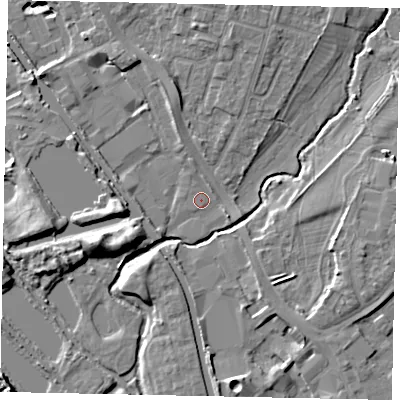 Shaded relief map of the ground around UB82TE, computed from Environment Agency LiDAR. The ground here sits at about 29 m above sea level and falls 9 m across the surrounding 800 m. Surface water reaching this point runs off ground lying to the west-south-west, 6.1 m higher.