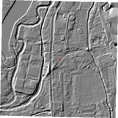 Shaded relief map of the ground around UB82UB, computed from Environment Agency LiDAR. The ground here sits at about 32 m above sea level and falls 10 m across the surrounding 800 m. Surface water reaching this point runs off ground lying to the south-west, 1.4 m higher.