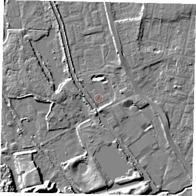 Shaded relief map of the ground around UB82UF, computed from Environment Agency LiDAR. The ground here sits at about 29 m above sea level and falls 16 m across the surrounding 800 m. Surface water reaching this point runs off ground lying to the south, 3.4 m higher.