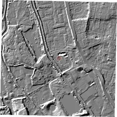 Shaded relief map of the ground around UB82UG, computed from Environment Agency LiDAR. The ground here sits at about 29 m above sea level and falls 8 m across the surrounding 800 m. Surface water reaching this point runs off ground lying to the south-south-east, 6.1 m higher.