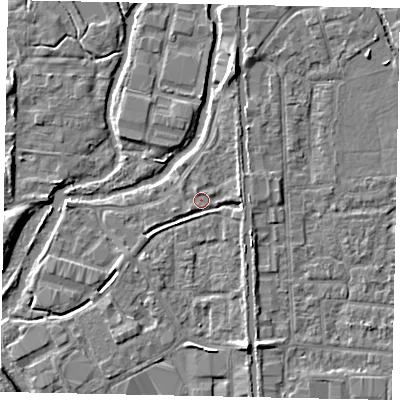 Shaded relief map of the ground around UB82UL, computed from Environment Agency LiDAR. The ground here sits at about 31 m above sea level and falls 6 m across the surrounding 800 m. Surface water reaching this point runs off ground lying to the east, 2.5 m higher.