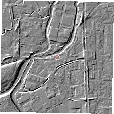 Shaded relief map of the ground around UB82UR, computed from Environment Agency LiDAR. The ground here sits at about 30 m above sea level and falls 6 m across the surrounding 800 m. Surface water reaching this point runs off ground lying to the north-east, 5.2 m higher.