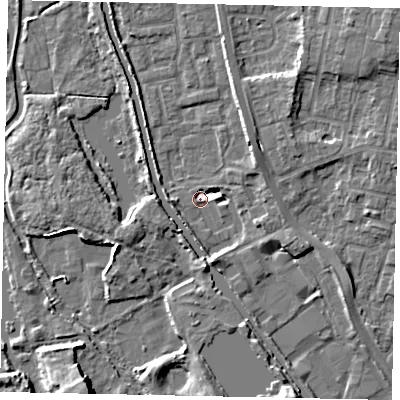 Shaded relief map of the ground around UB82UT, computed from Environment Agency LiDAR. The ground here sits at about 28 m above sea level and falls 8 m across the surrounding 800 m. Surface water reaching this point runs off ground lying to the south-south-east, 6.1 m higher.