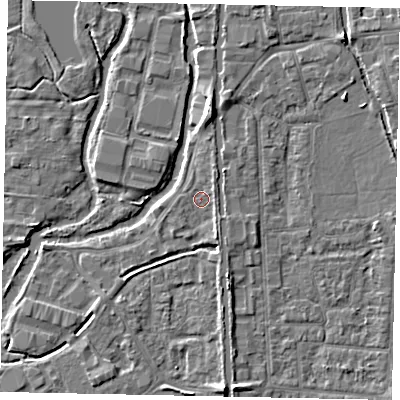 Shaded relief map of the ground around UB82UX, computed from Environment Agency LiDAR. The ground here sits at about 31 m above sea level and falls 6 m across the surrounding 800 m. Surface water reaching this point runs off ground lying to the east-north-east, 1.4 m higher.