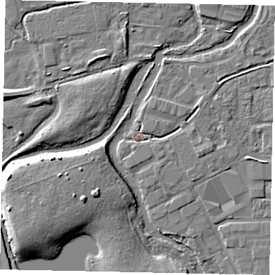 Shaded relief map of the ground around UB82UZ, computed from Environment Agency LiDAR. The ground here sits at about 30 m above sea level and falls 8 m across the surrounding 800 m. Surface water reaching this point runs off ground lying to the east-south-east, 2.6 m higher.