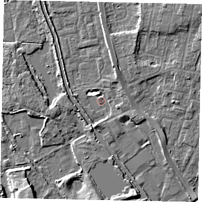 Shaded relief map of the ground around UB82WA, computed from Environment Agency LiDAR. The ground here sits at about 29 m above sea level and falls 8 m across the surrounding 800 m. Surface water reaching this point runs off ground lying to the south-south-west, 6.1 m higher.