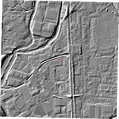 Shaded relief map of the ground around UB82XB, computed from Environment Agency LiDAR. The ground here sits at about 31 m above sea level and falls 6 m across the surrounding 800 m. Surface water reaching this point runs off ground lying to the north-east, 2.5 m higher.