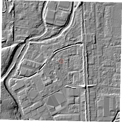 Shaded relief map of the ground around UB82XD, computed from Environment Agency LiDAR. The ground here sits at about 31 m above sea level and falls 7 m across the surrounding 800 m. Surface water reaching this point runs off ground lying to the west, 1.4 m higher.