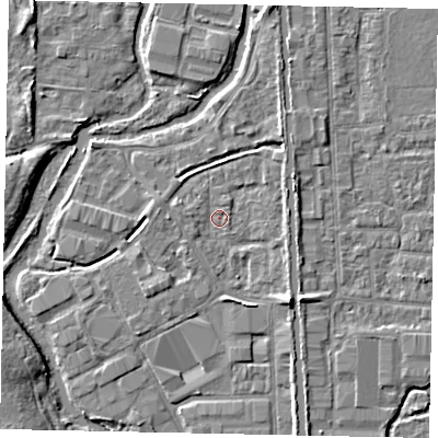 Shaded relief map of the ground around UB82XE, computed from Environment Agency LiDAR. The ground here sits at about 31 m above sea level and falls 5 m across the surrounding 800 m. Surface water reaching this point runs off ground lying to the west, 1.4 m higher.