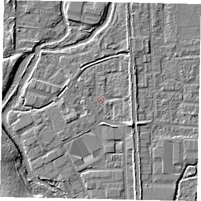 Shaded relief map of the ground around UB82XF, computed from Environment Agency LiDAR. The ground here sits at about 30 m above sea level and falls 5 m across the surrounding 800 m. Surface water reaching this point runs off ground lying to the east-north-east, 2.2 m higher.