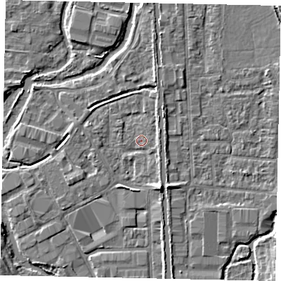 Shaded relief map of the ground around UB82XG, computed from Environment Agency LiDAR. The ground here sits at about 31 m above sea level and falls 5 m across the surrounding 800 m. Surface water reaching this point runs off ground lying to the east-north-east, 2.2 m higher.