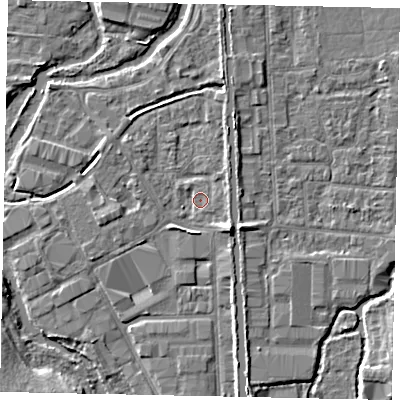 Shaded relief map of the ground around UB82XH, computed from Environment Agency LiDAR. The ground here sits at about 31 m above sea level and falls 6 m across the surrounding 800 m. Surface water reaching this point runs off ground lying to the south-east, 4.1 m higher.
