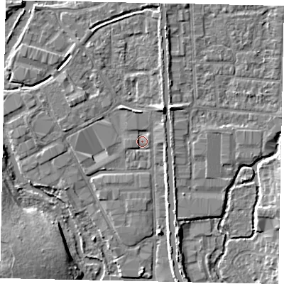Shaded relief map of the ground around UB82XP, computed from Environment Agency LiDAR. The ground here sits at about 31 m above sea level and falls 6 m across the surrounding 800 m. Surface water reaching this point runs off ground lying to the north-north-west, 1.0 m higher.